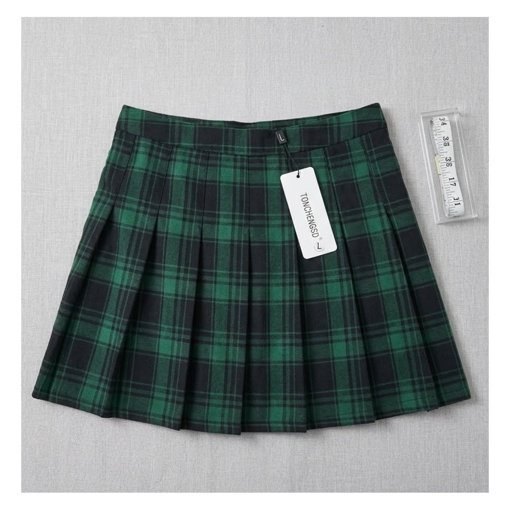 Grunge Y2K Green Black Plaid Pleated Mini Skort High Waisted Schoolgirl Size L